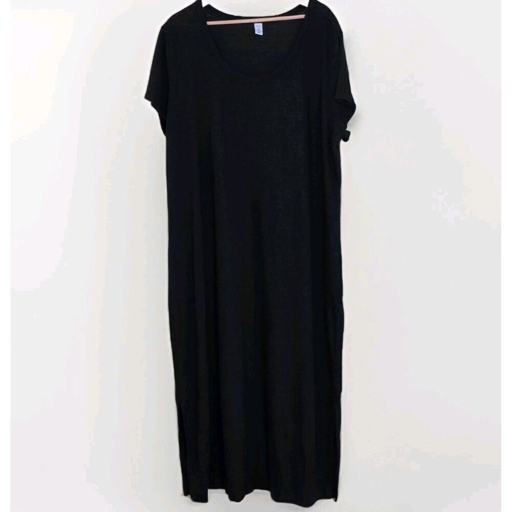 Old Navy T Shirt Maxi Dress 3X Black SS Linen Blend Slits Pullover Goth Cottage - Picture 1 of 15